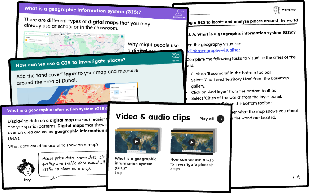 A collection of slides, worksheets and viduals of audio clips from the year 7 geography lesson 'Using a GIS to locate and analyse places around the world'.