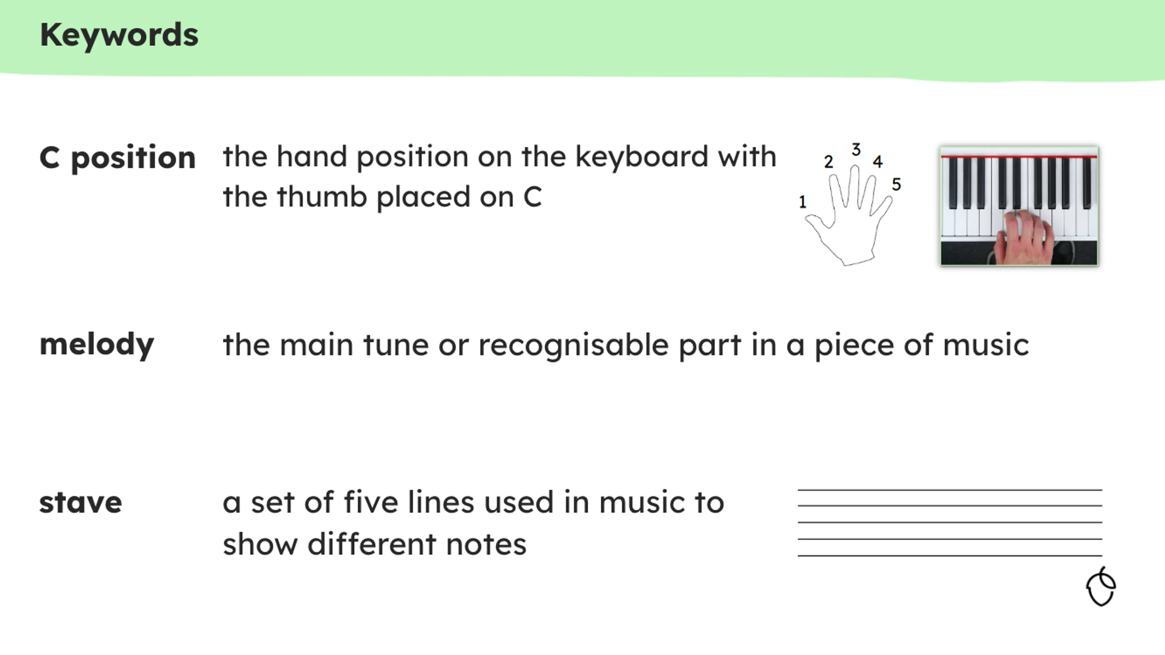 Screenshot of the keywords slide from an Oak Music lesson, providing an example of best practice accessibility principles in terms of font and layout (i.e. words and images presented near each other, and simultaneously as well as avoiding text over/fitted around images)