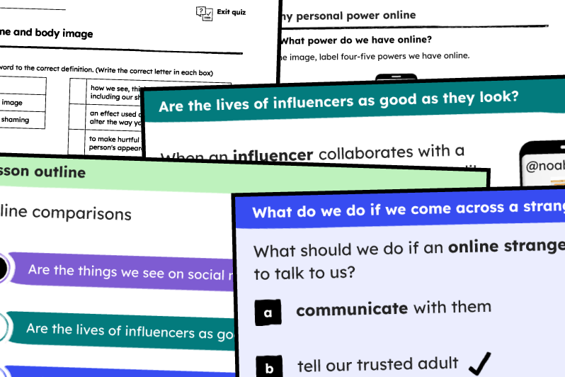 Screenshot previews of new teaching resources from online safety units, including a printable exit quiz, worksheet, and lesson slides.