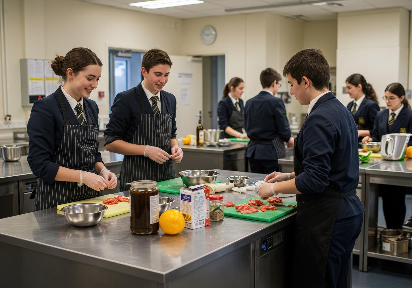 Pupils, wearing aprons over their uniforms, prepare vegetables while standing at a unit in a food technology classroom.