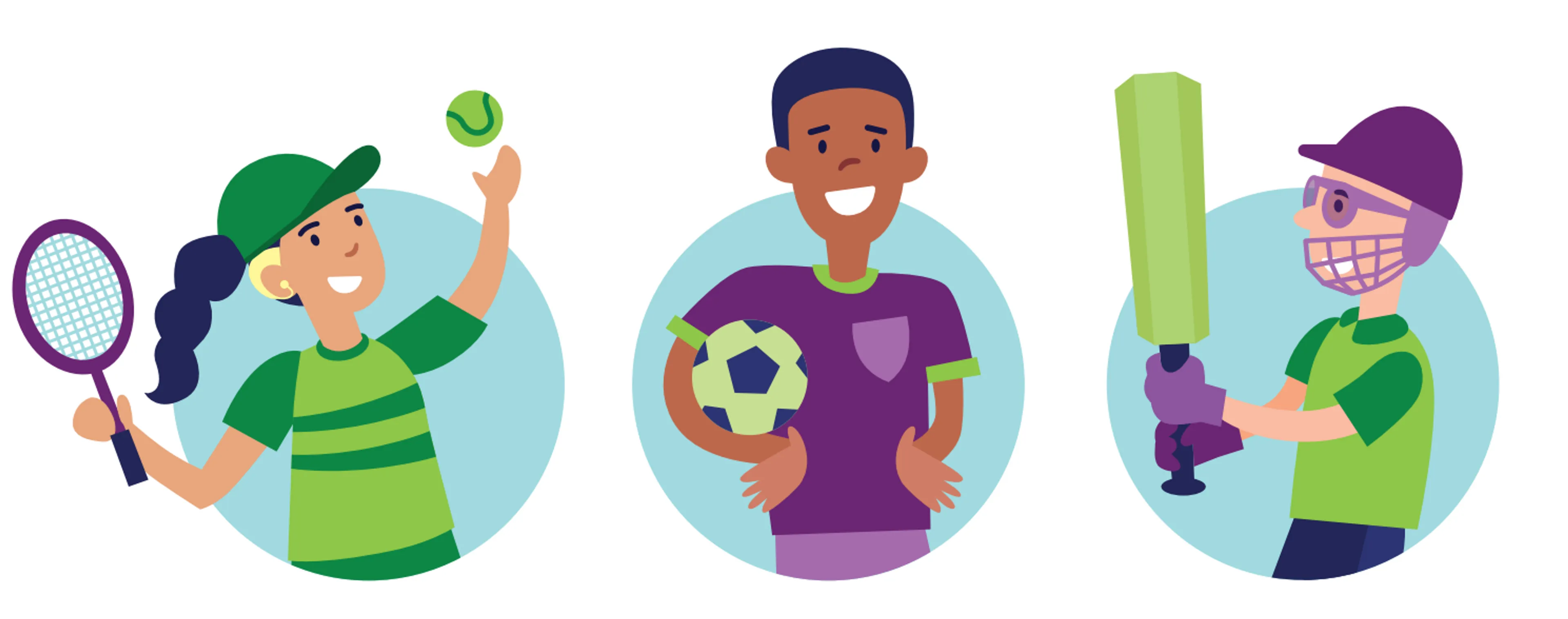 Illustration of three pupils participating in sport, one playing tennis, one holding a soccer ball, one holding a cricket bat.