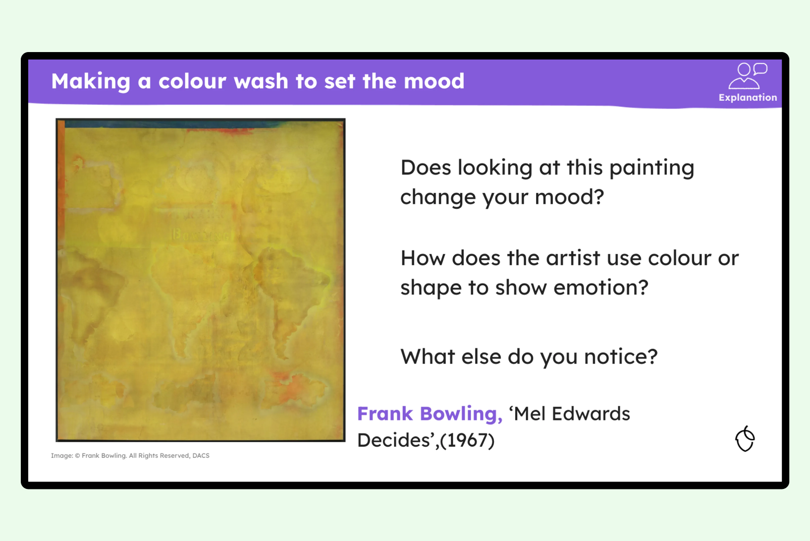 Slide featuring artist Frank Bowling from the new art and design lesson resources