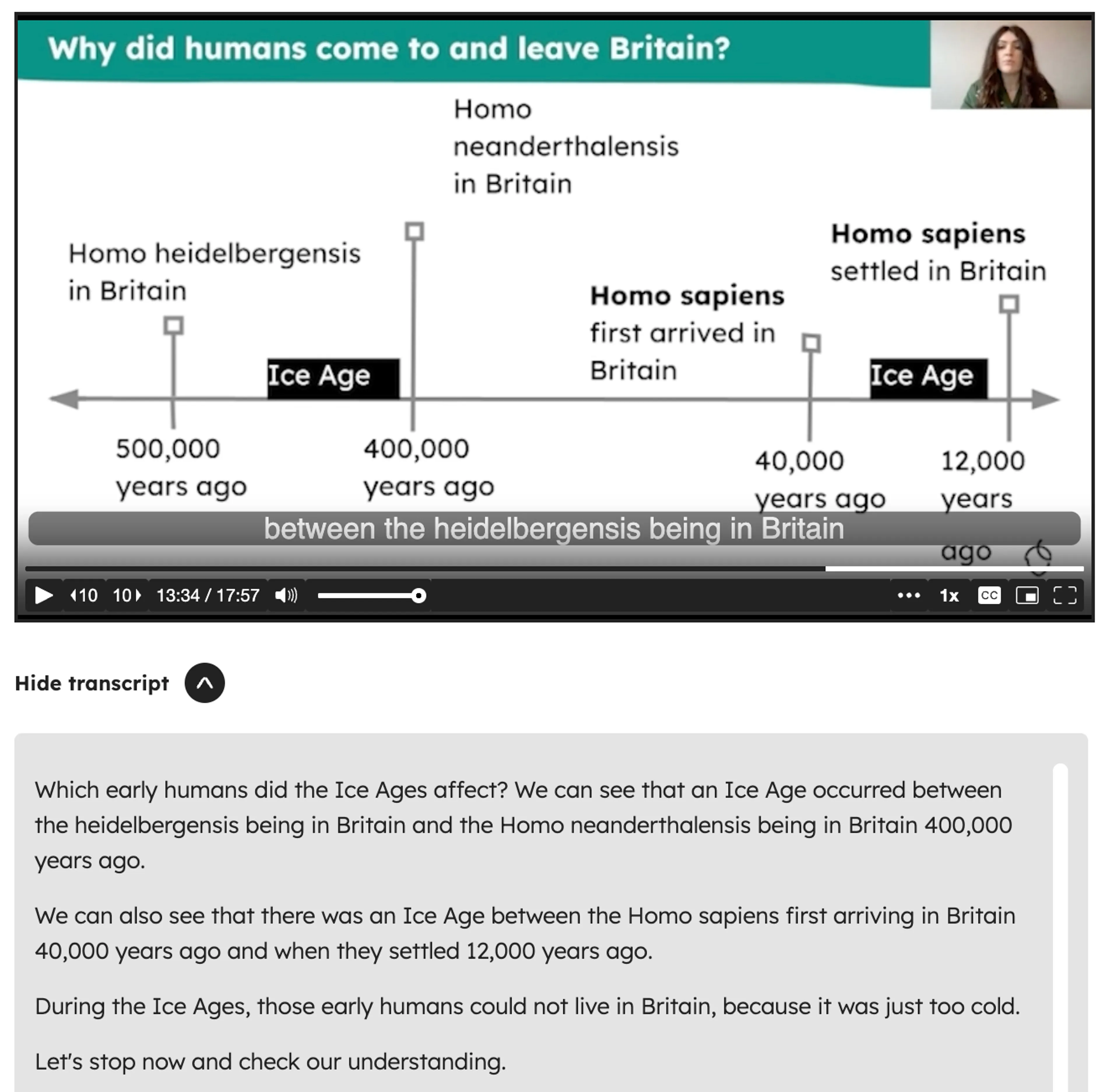 Screenshot of the lesson video and transcript from the Oak history lesson 'The big picture of the earliest humans in Britain'. The video shows a slide of a timeline of the arrival of the earliest humans.