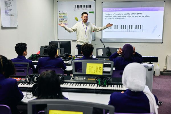Image of a teacher at the front of a music class
