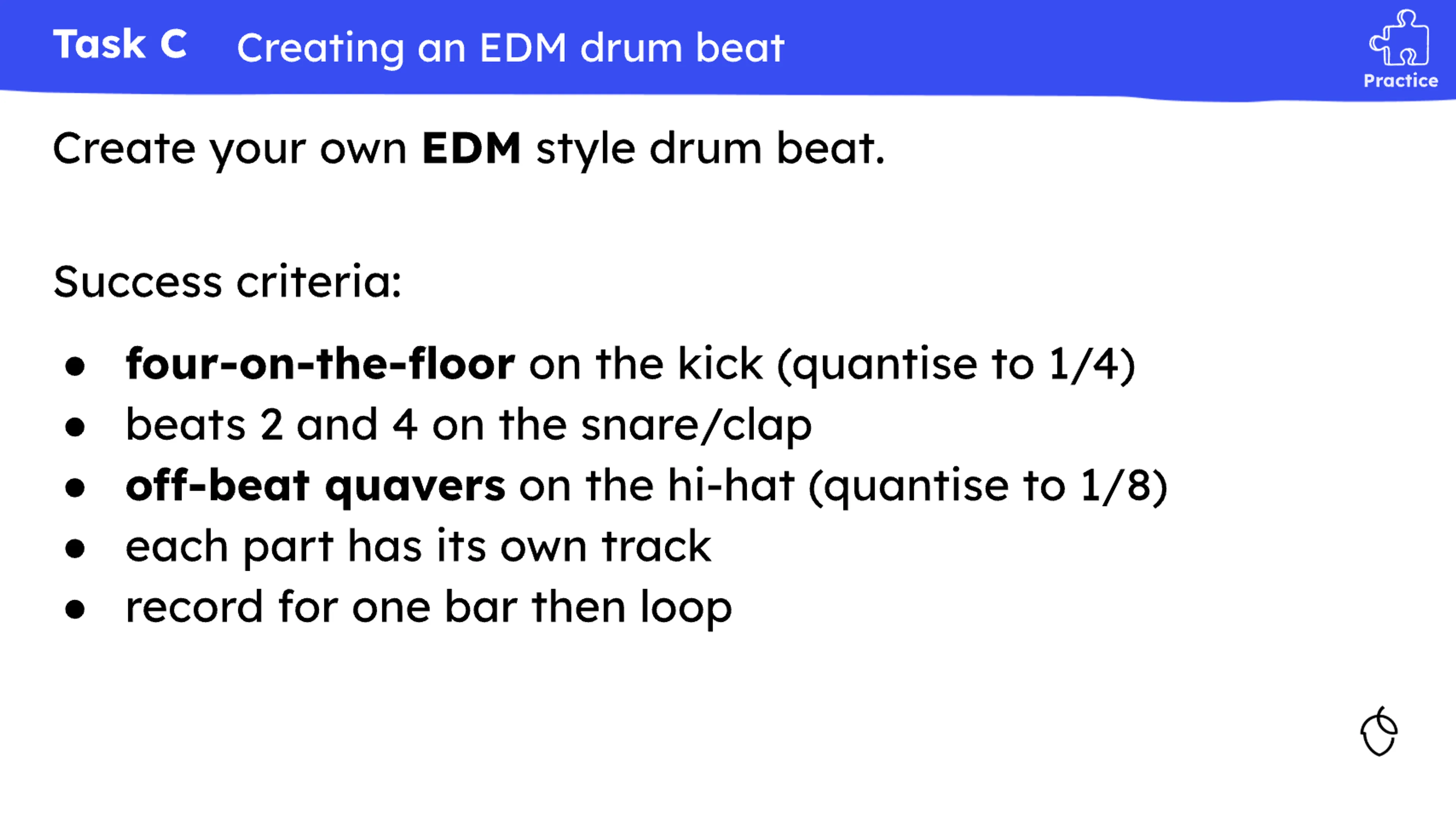 Image of a slide showing the use of success criteria in slides from the KS3 music unit EDM remixing