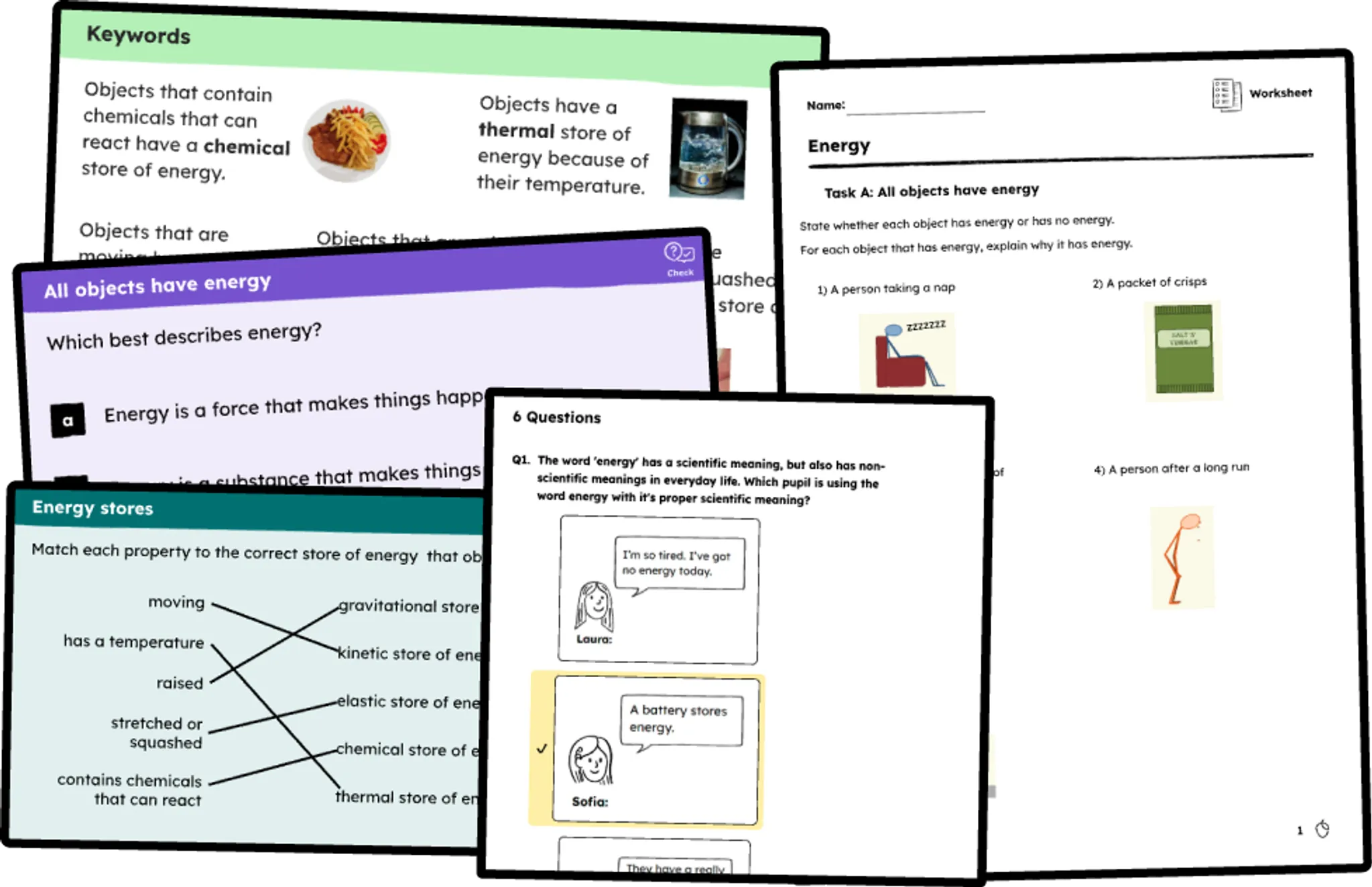 Selection of slides quizzes and worksheets from the year 7 lesson Energy