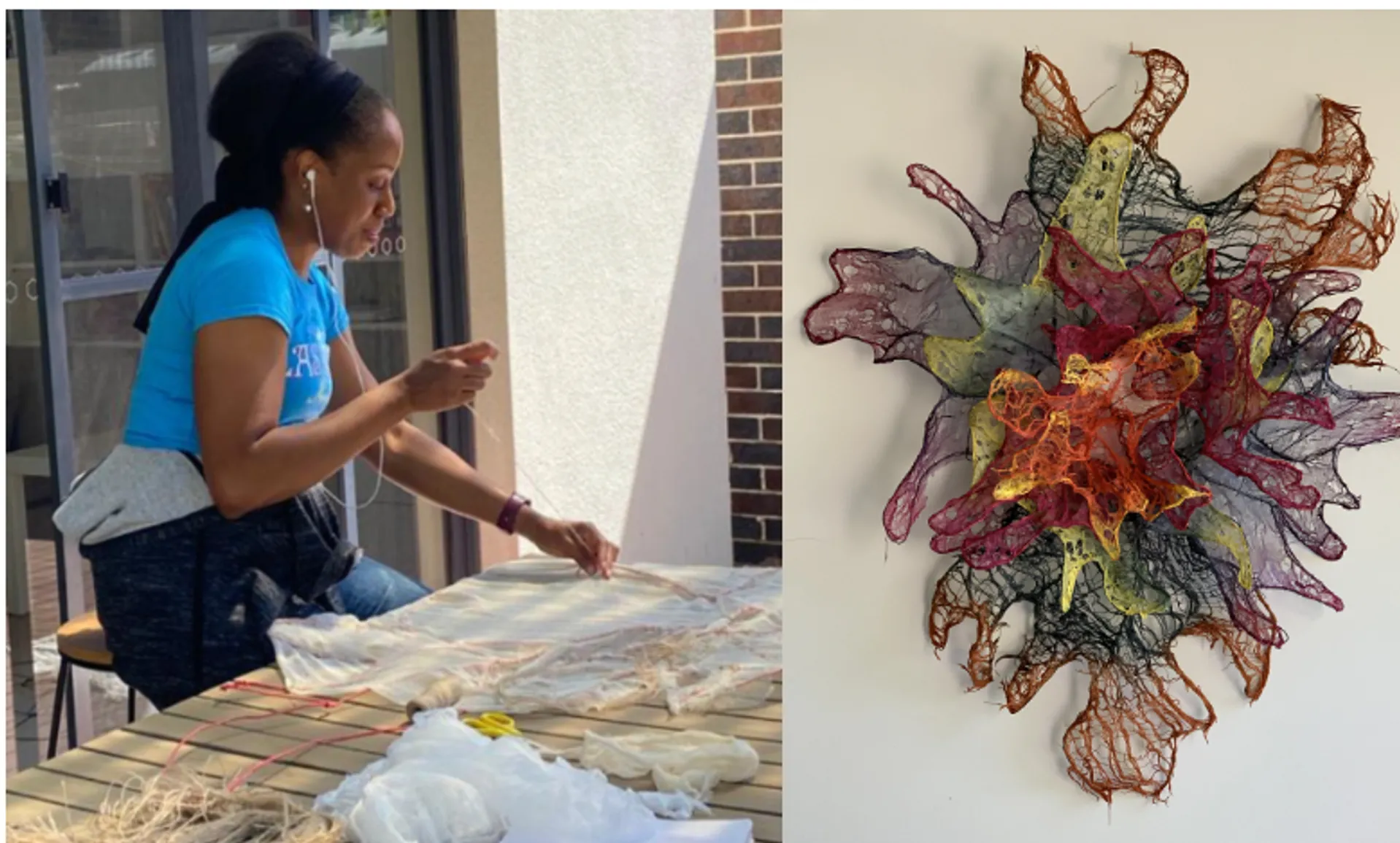 A slide from the year 5 unit 'Unweaving, wrapping, transforming: textile sculpture', featuring artist Nnenna Okore.